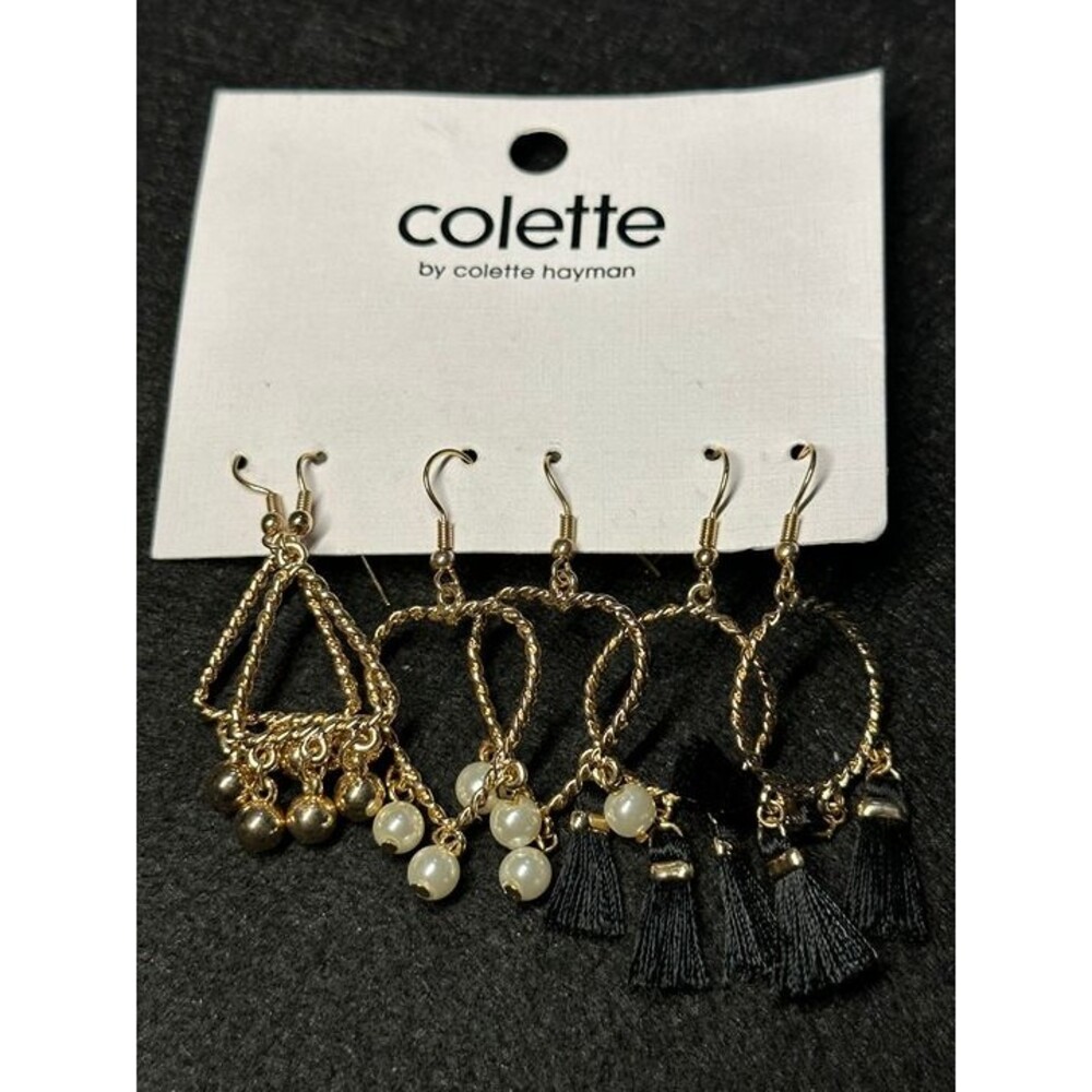 colette hayman black tassel fringe dangle earrings pearl gold chain nwt new